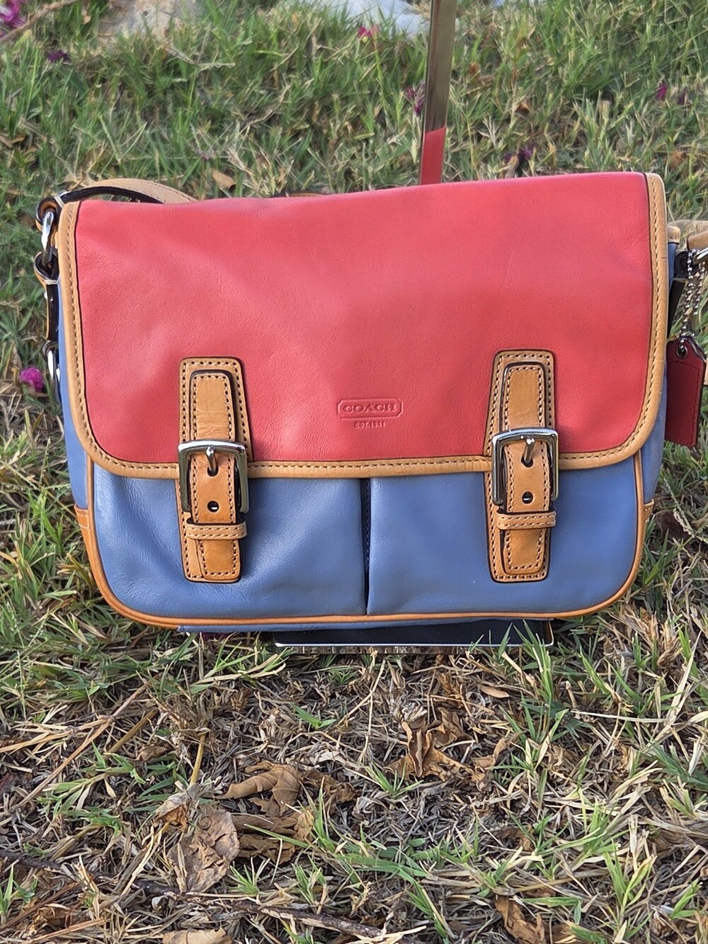 Coach Colorblock Leather Crossbody Bag in Coral, Blue & Tan- VINTAGE - Picture 3 of 13
